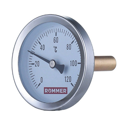 Термометр Rommer биметаллический с погружной гильзой (100 мм), 80 мм, 0...120, 1/2 Термометр Rommer биметаллический с погружной гильзой (100 мм), 80 мм, 0...120, 1/2