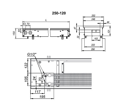 Внутрипольный конвектор с вентилятором Techno KVZV 250-120-2000