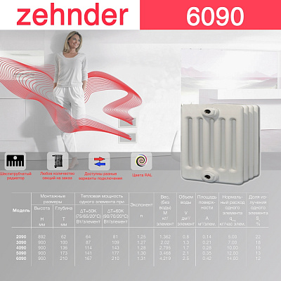 Стальной трубчатый радиатор отопления Zehnder 6090 / 1 секция